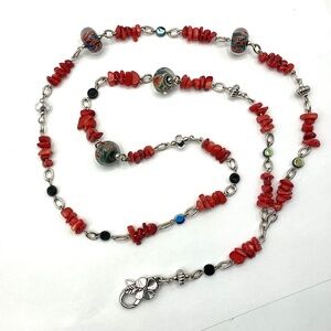 LANYARD. Red Coral Beads and Hand Made Glass BEADS. (19” drop)